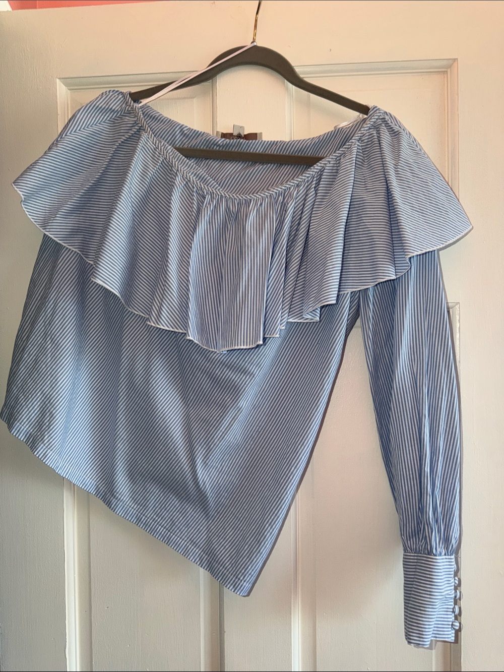 LOFT Blue and White Striped Off-Shoulder Ruffle Blouse